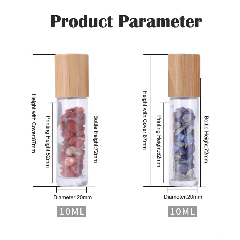 Rolo de óleo essencial de pedra preciosa natural, garrafa de vidro com rolo de perfume com chip de cristal, garrafa recarregável de viagem 10ml com 10 peças
