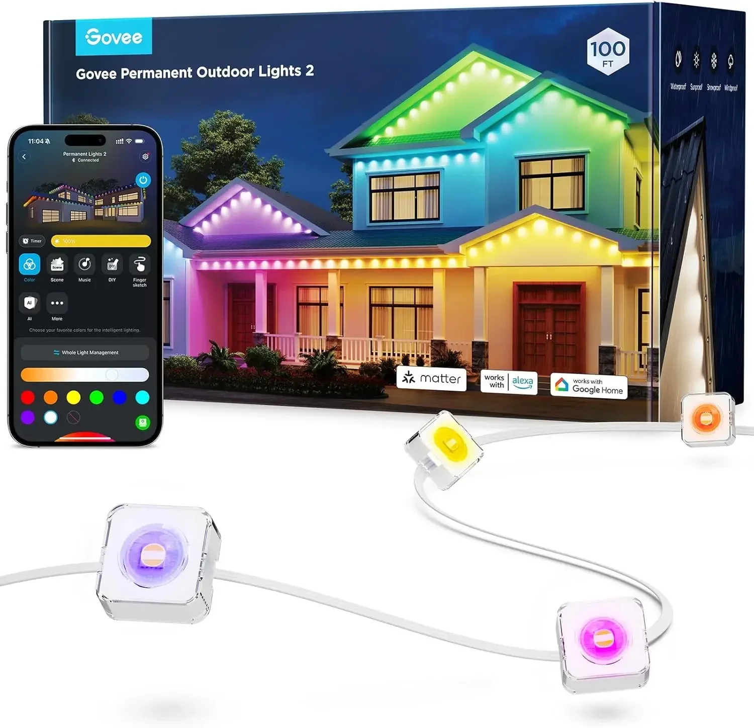 

Уличные светильники Permanent Outdoor Lights 2, 100 футов, RGBIC, 72 светодиода, IP67, водонепроницаемые, 100 режимов сценариев, 40 лм белого света