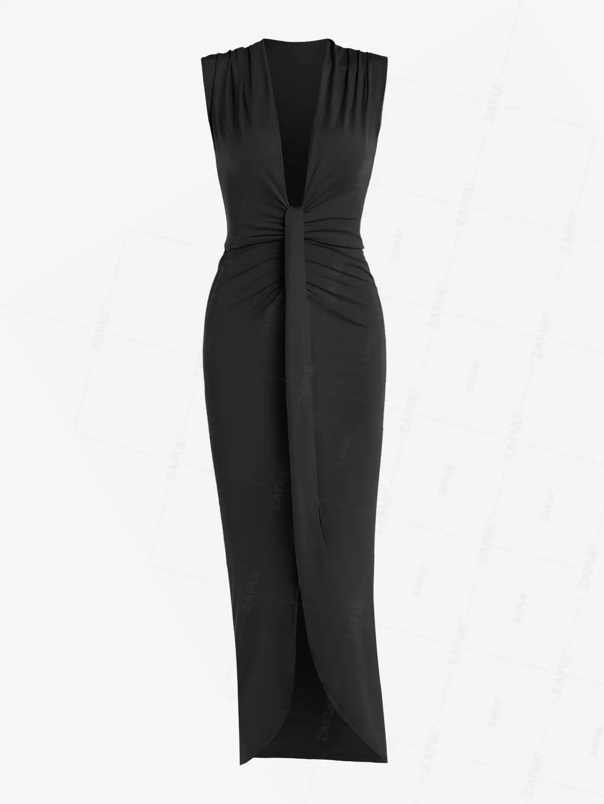 

ZAFUL Women's Sexy Fashion Cocktail & Party Epaulet Plunging Neckline Slit Ruched Sleeveless Maxi Vegas Dress