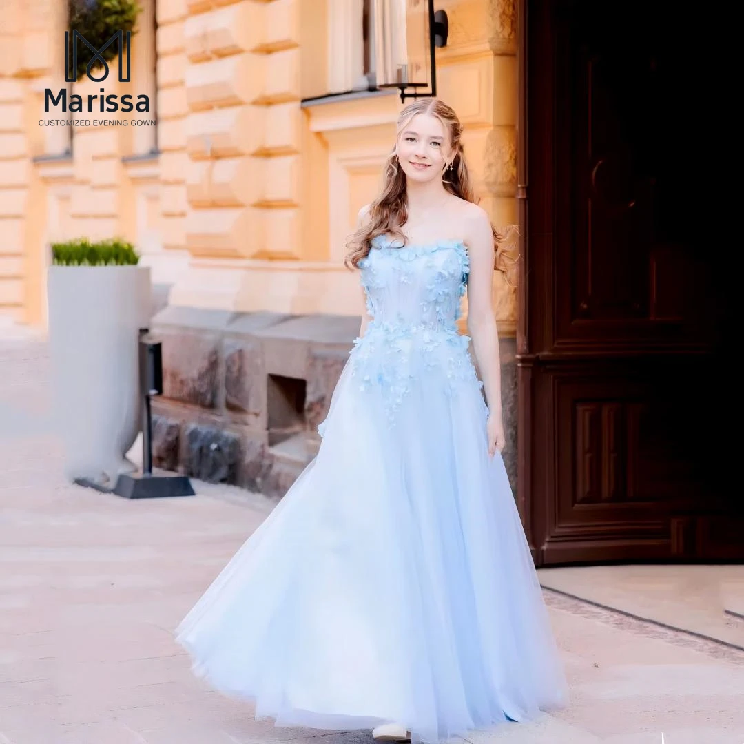 

Элегантные синие вечерние платья Marissa для женщин, роскошные бальные платья, индивидуальный пошив, фасон А-силуэт, тюлевое женское платье с 3D-бабочками для выпускного вечера