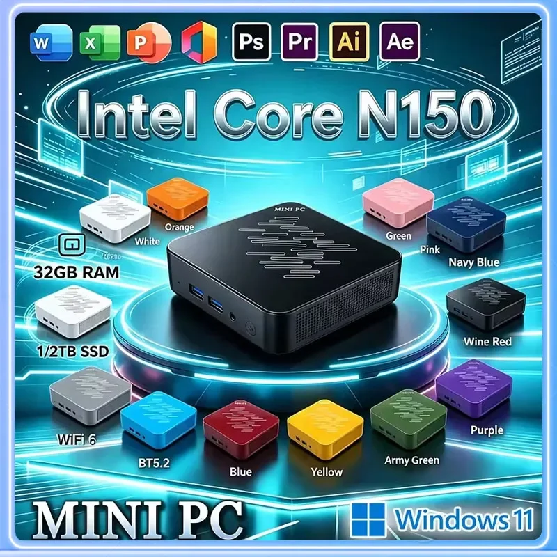 2026 Portable Mini PC Intel N150 Mini PC High‑Performance 32GB RAM 1TB 2TB SSD WIFI6 BT5.2 4K 60Hz HD Gaming Office Study PC