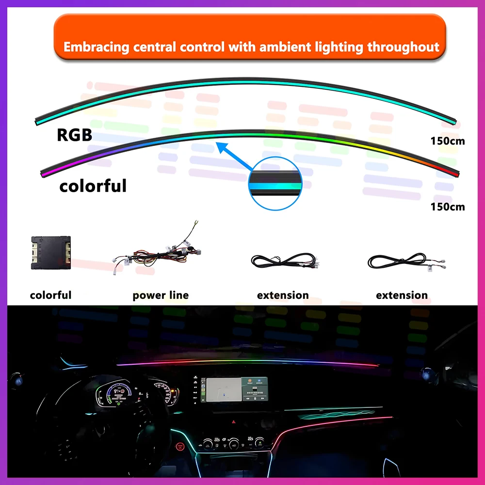 

Многорежимная автомобильная атмосферная лампаStreamer, автомобильное окружающее освещение RGB, 64-цветная универсальная светодиодная внутренняя скрытая силиконовая полоса, симфония