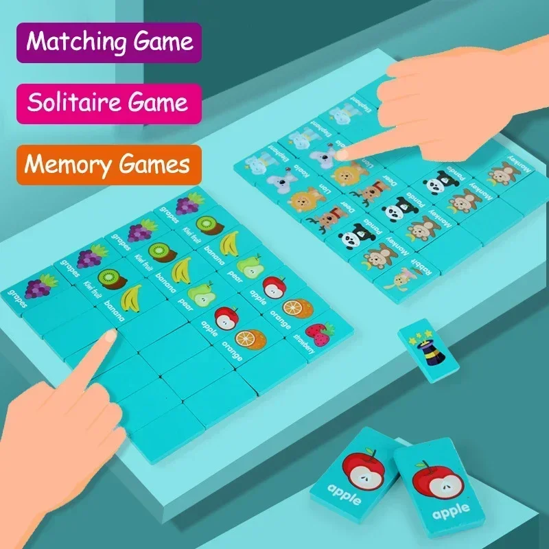 Kid Wooden Memory Solitaire Game, Matching Mahjong Toy, Party Family Board Games Fruit Animal Cartoon Early Educational Puzzles