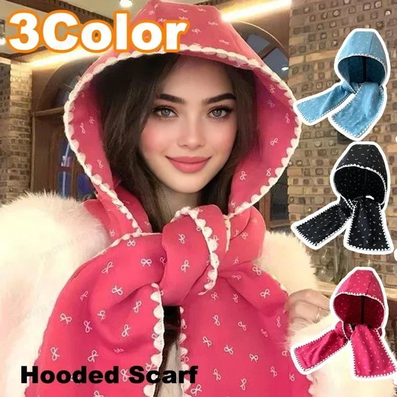 

Women's Bow Printed Lace Hooded Scarf Hat Knitted Warm Poncho Shawl for Autumn Winter Cute Fashion Accessory Free Shipping