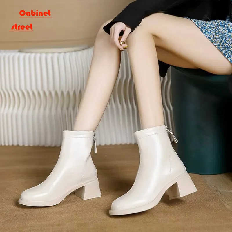 

Chunky Heel Ankle Snow Women Boots 2024 Autumn Winter English Wind Martin Boots French Back Zipper Chelsea Boots Female Shoes