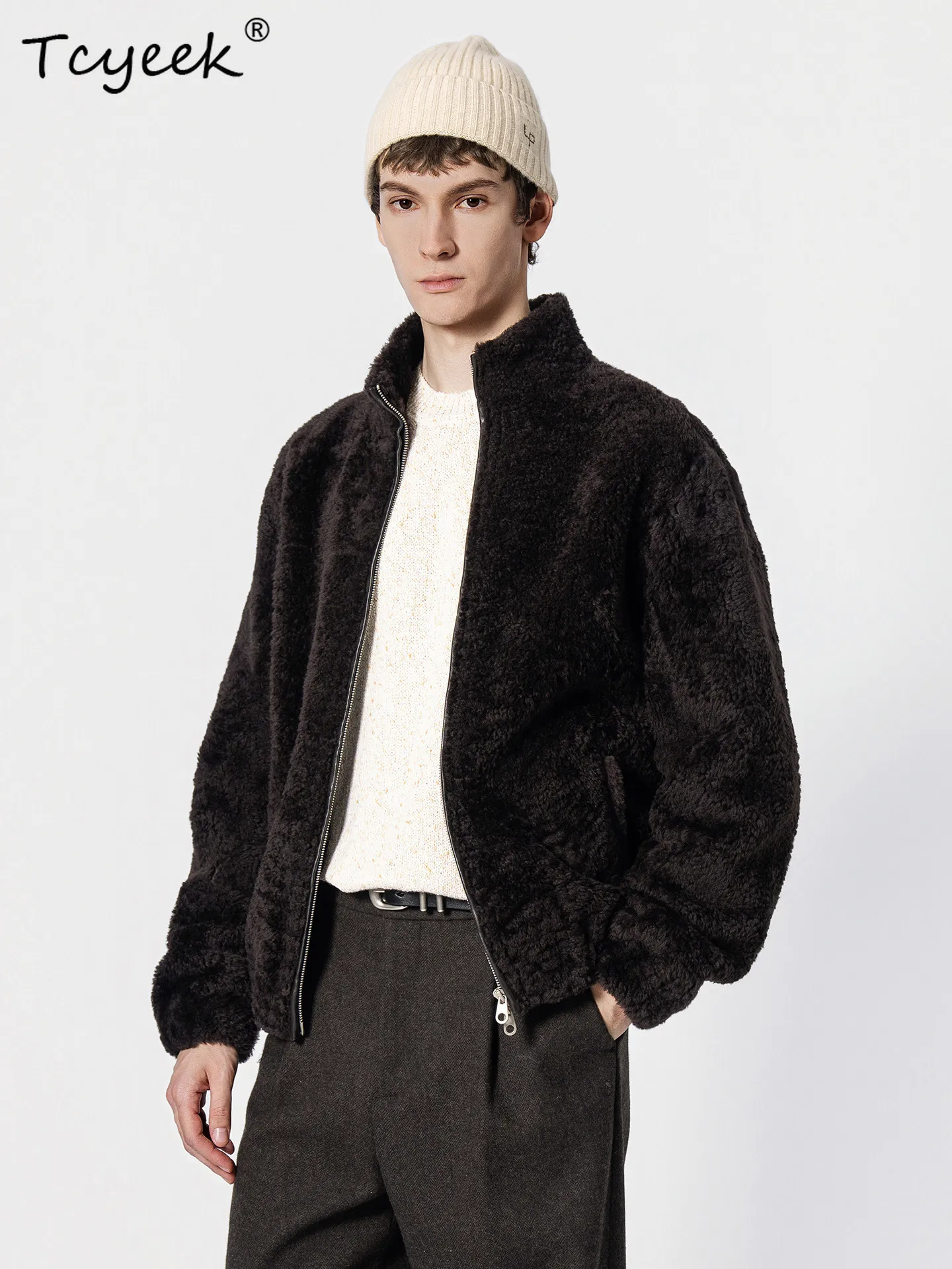 Tcyeek Natural Sheepskin Fur Coat Men LACON Real Fur Mens Coats Fashion Motorcycle Winter Clothes Real Leather Jacket Stand