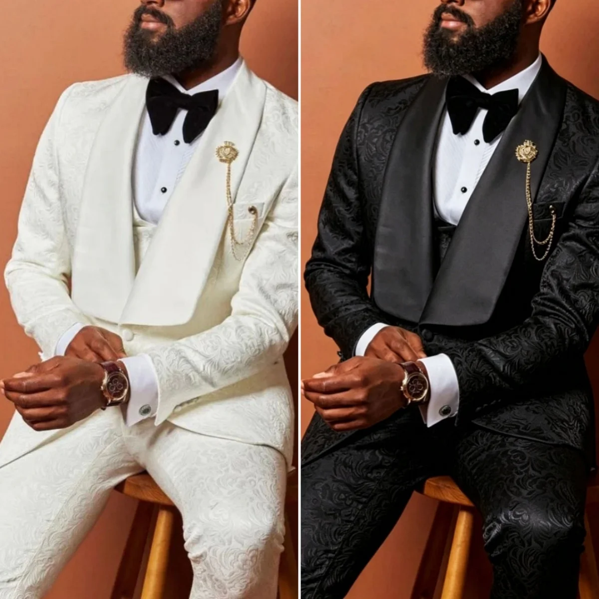 Men Suit 3-piece Beige Lapel Floral Pattern for Groom's Wedding Slim Fit Business Birthday Party Wedding Ball Tailcoat Set