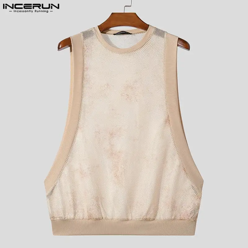 Men Tank Tops Mesh Patchwork O-neck Sleeveless Summer Male Vests Streetwear Sexy Transparent 2024 Fashion Men Clothing INCERUN