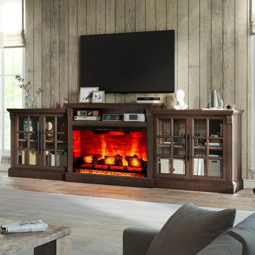 

97 Farmhouse TV Stand with 33 Fireplace for TVs up to 100, Media Entertainment Center with Large Storage Cabinet and Adjustable