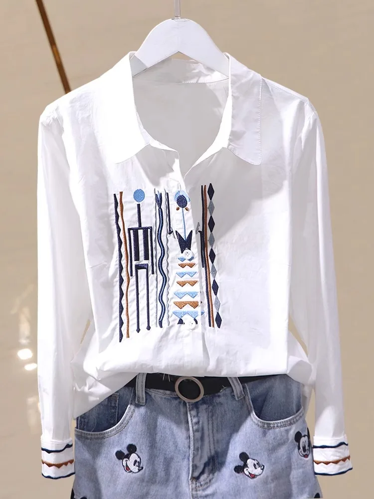 

Designer-Inspired Niche Vertical Stripe Slim-Fit Pure Cotton Embroidered Shirt for Women, New Spring and Autumn Style, Versatile Ethnic Style Long-Sleeve Blouse