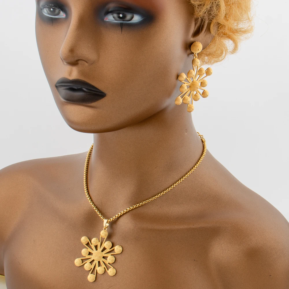 Gold Farbe Schmuck Set Dubai Äthiopische Frauen Ohrringe Anhänger Schneeflocke Halskette Afrikanische Manschette Armband Ring Braut Schmuck Geschenk – Detail 4