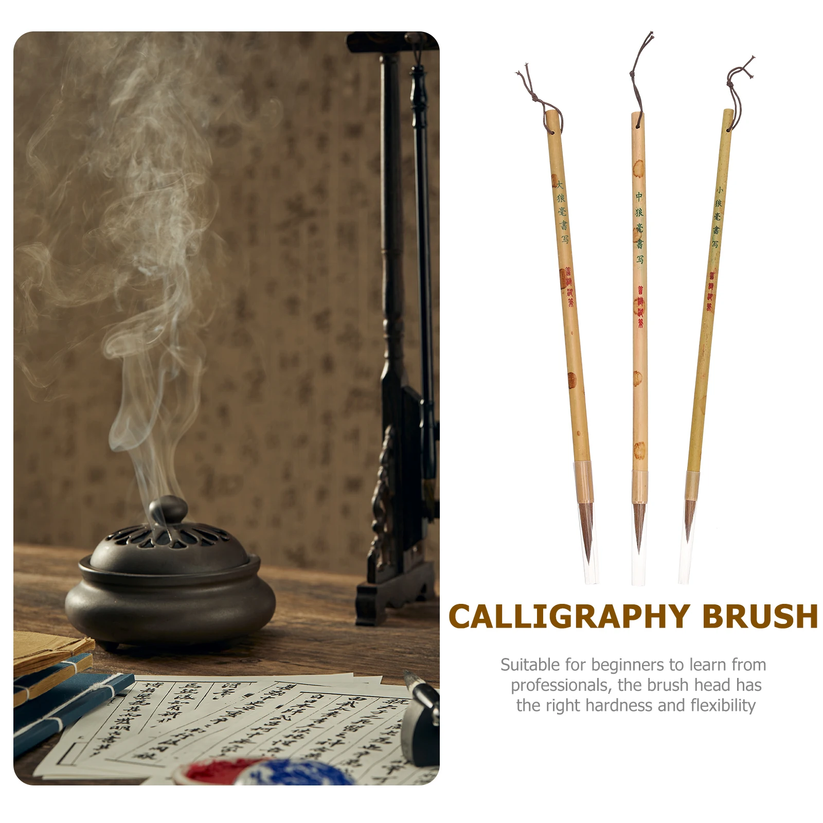 

3 Pcs Brush Set Traditional Chinese Style Ink Painting Calligraphy Pens Wolf Hair for Drawing