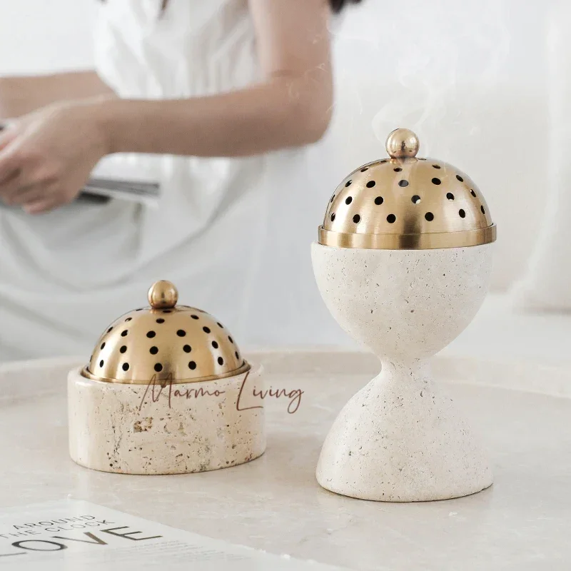 Travertine Mabkhara Burner Luxury Oud Mubkhar Censer Natural Marble Incense Bakhoor Burner with Brass Cover
