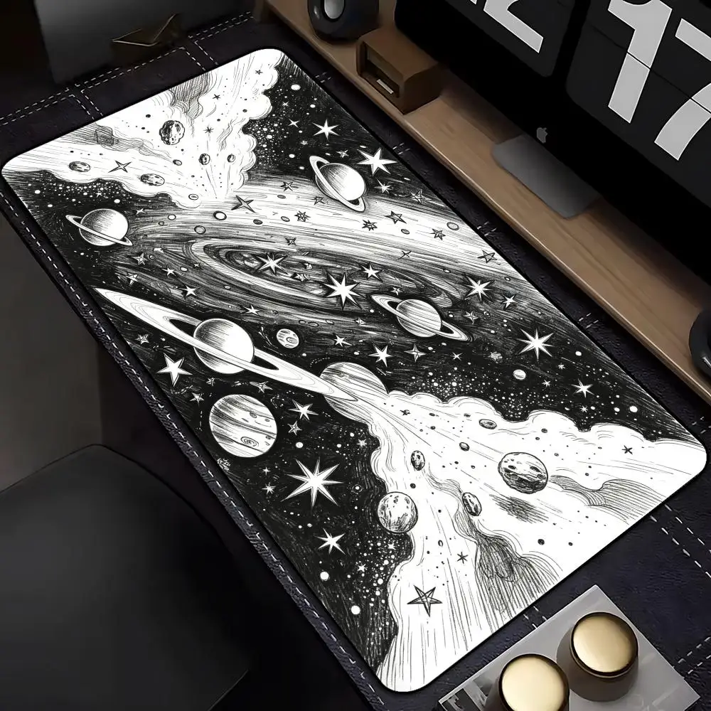 Large Xxl Gaming Mouse Pad Desk Mat Keyboard Pad Black White Galaxy Planet Space Sketch Art Non Slip Rubber Extended Table Decor