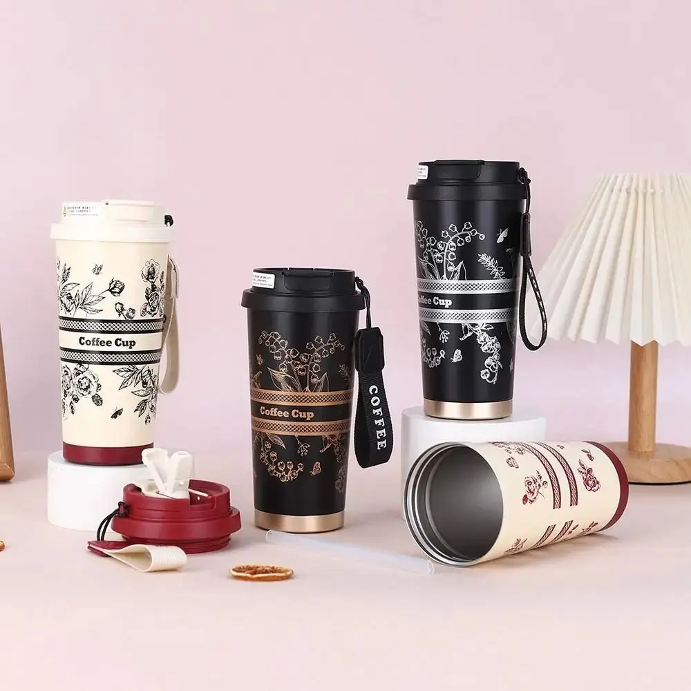 

Valley Flower Cute Water Bottle With Straw Vacuum Insulated 500ml Coffee Cup With Straw Leakproof 316 Stainless Steel