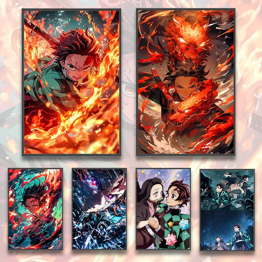 Tanjiro Demon Slayer Anime Self-adhesive Poster Bedroom Decor Nezuko Wallpaper Figures Home Decoration Painting Stickers Art Kid