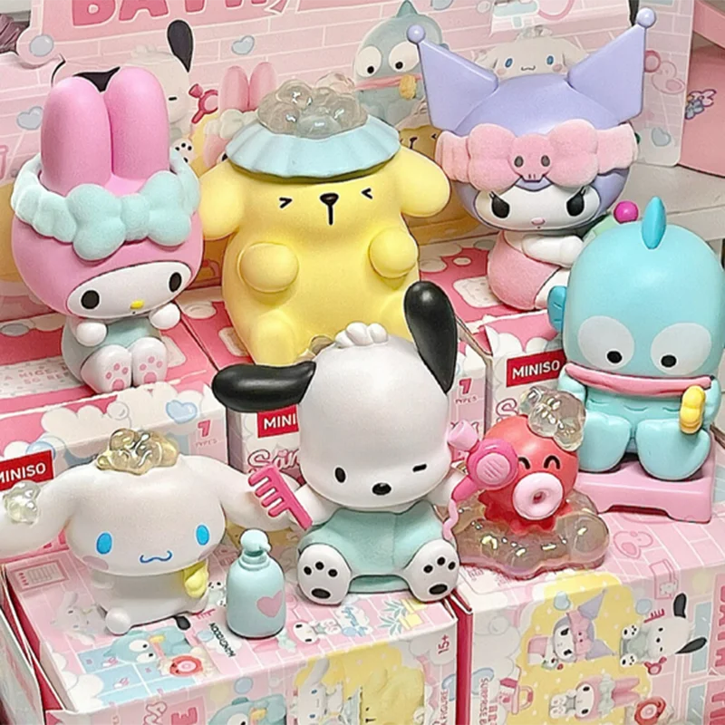 Miniso Super cute Sanrio Bathing Time Series Blind Box Figure Cinnamoroll Pompom Purin Pochacco Kuromi Hangyodon Anime Mysteriou