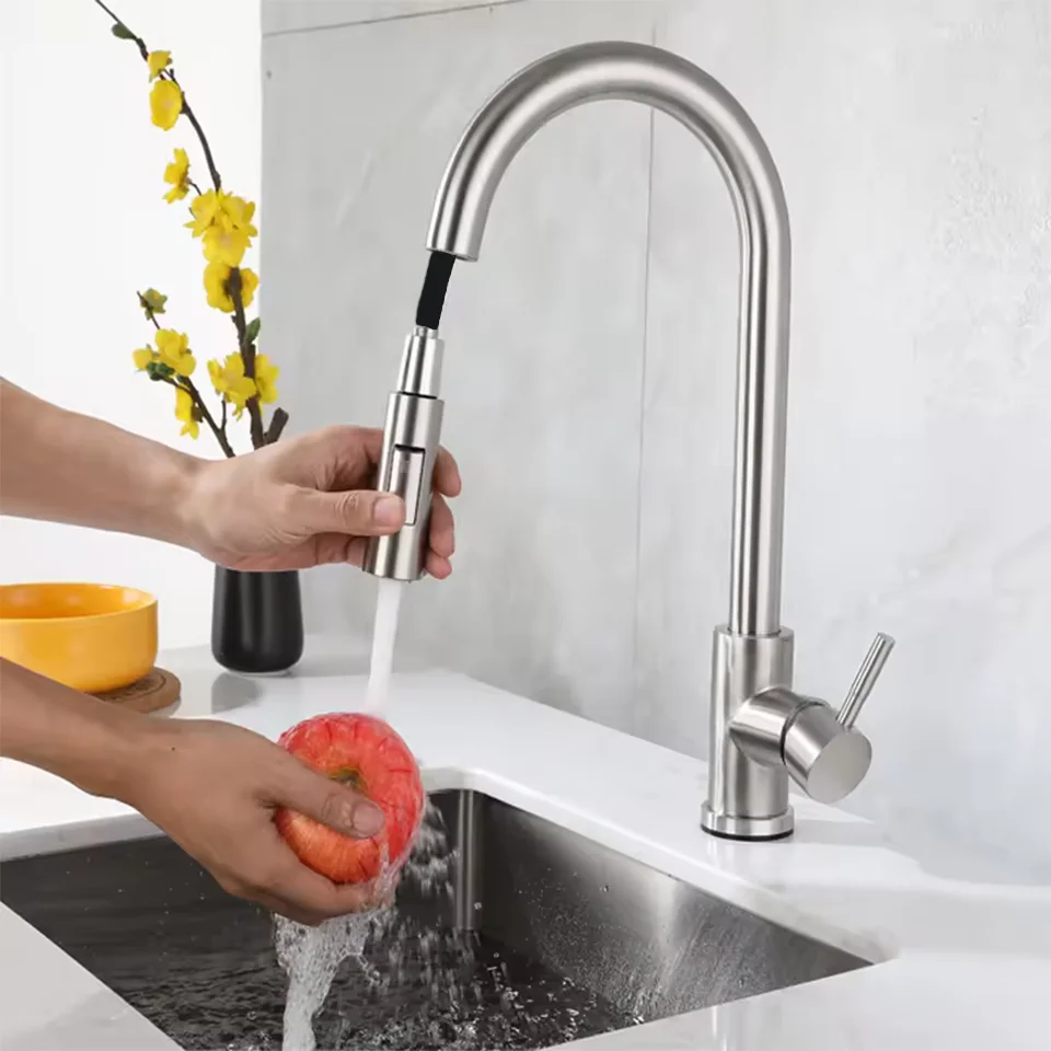 Kitchen Faucet Stainless Steel Brushed Faucet Kitchen Sink Faucet Pull-out Kitchen Water Faucet Single Hole Faucet