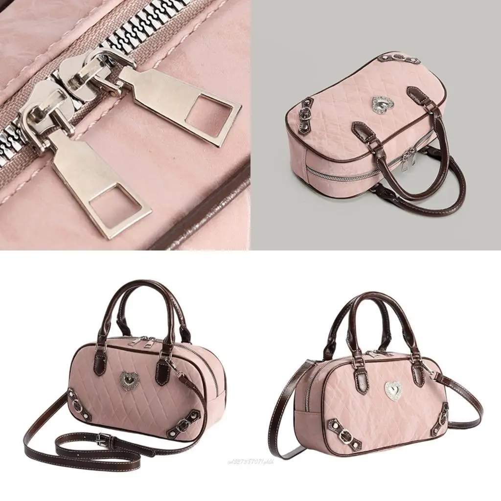 

X5XA Quilted Bowling Bag Retro Aesthetic Womens PU Leather Handbag Detachable Strap Daily Essential Shoulder Purse