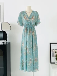 Summer Maxi Dresses for Women 2026 Casual Short Sleeve Floral Print V-Neck Chiffon Bohe Beach Party Long Dress Mujer Vestidos