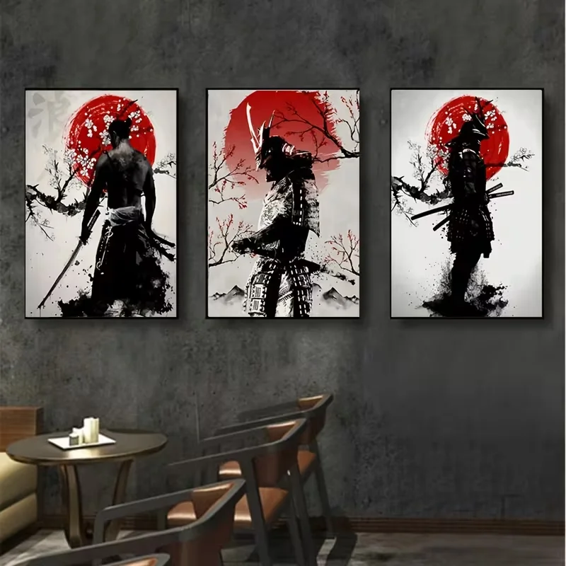 3PCS Traditional Japanese Samurai Classic Home Decora Wall Decora Hanging Paintings Ideal Office Decora and Living Room Decora