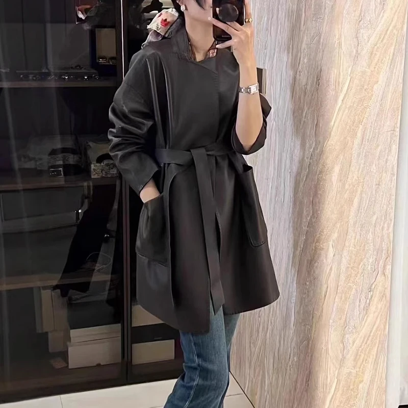 Frauen Echte Leder Jacke Herbst High-End Importiert Ziegenleder Lychee Muster Lange Lose Faul Temperament Damen Leder Mantel