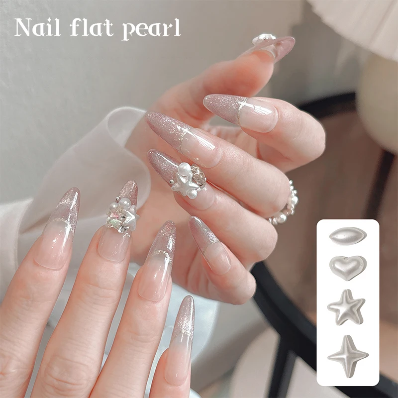 3D Flatback Pérolas de Branco Brilhante, Arco Amor, Estrela de Quatro Pontas, Nail Art, Strass Decorações, Manicure Ornamentos, 5 PCs