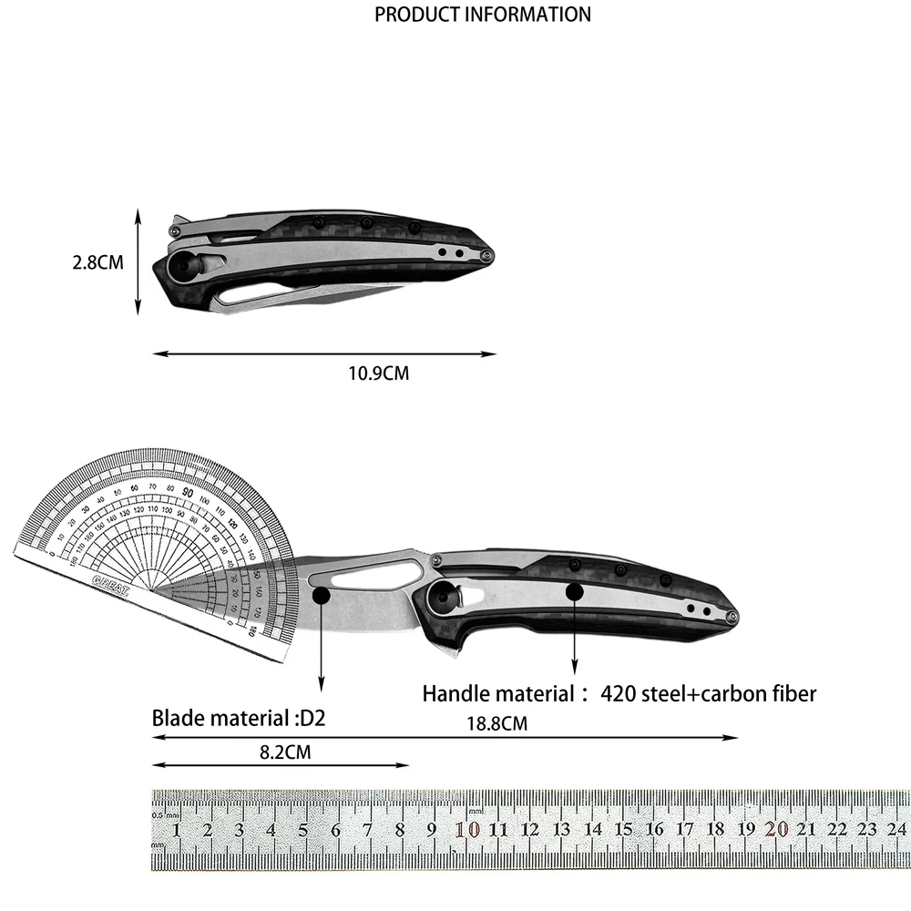 في الهواء الطلق المحمولة سكين جيب قابل للطي D2 شفرة غسل الحجر 420 الصلب + ألياف الكربون مقبض المشي لمسافات طويلة مغامرة الإنقاذ فائدة أداة