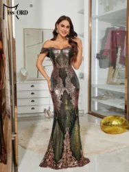 Missord New Black Geometry Cocktail Off Shoulder Sequin Mermaid Evening Gown Wedding Birthday Party Formal Occasion Prom Dresses