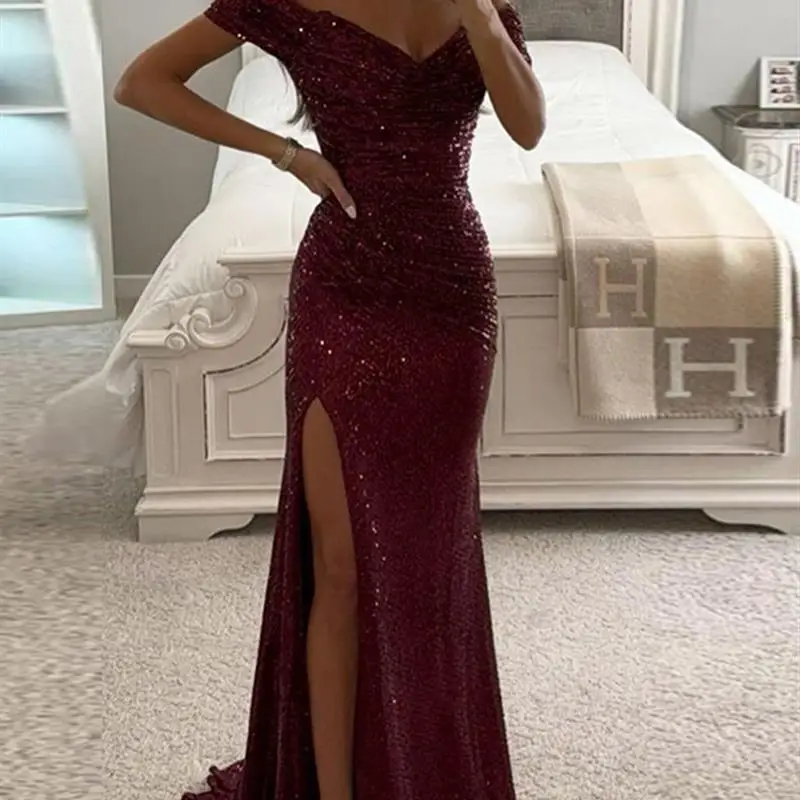 

Elegant High Slit Sequin One Shoulder Women's Dress Slim Fit Solid Color Off Shoulder Vestidos 2024 New Female Evening Gown