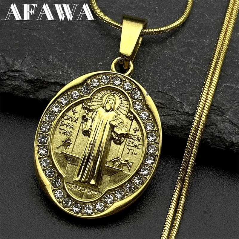 

Crystals Saint Benedict Medal Pendant Necklace for Women Men Stainless Steel Gold Color Chain Necklaces Jewelry Gift San Benito