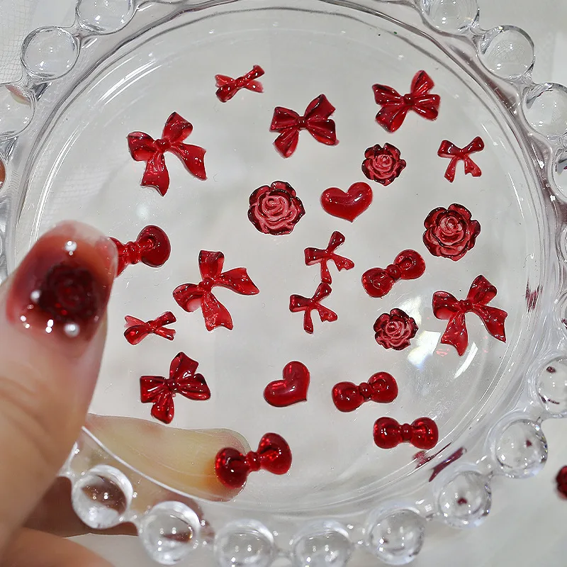 50 Uds. De accesorios para decoración de uñas 3D con lazo rojo de Angora de invierno, bonito pajarita Camelia Love, decoraciones para uñas DIY, abalorios de resina para uñas, piezas mixtas
