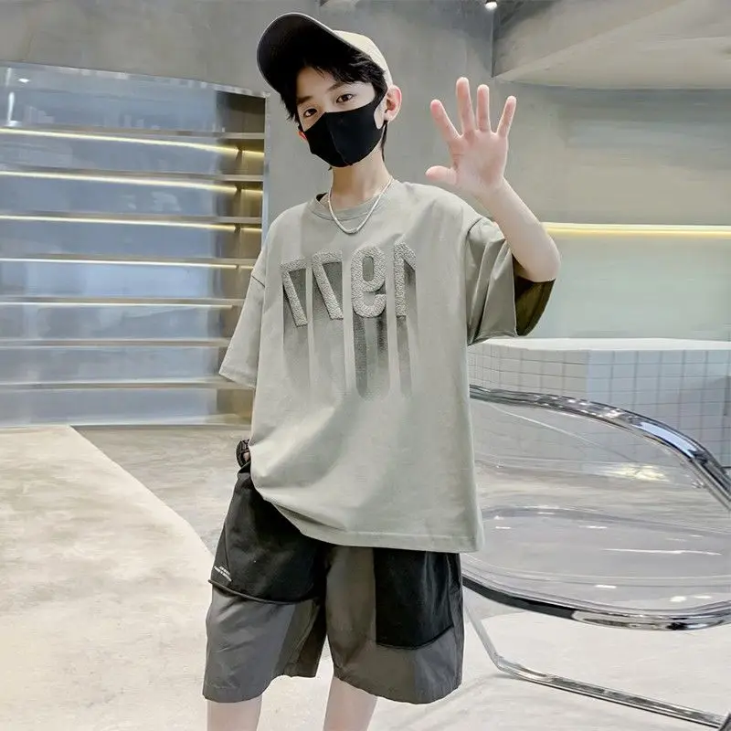 Boys 2026 New Summer Fashion Cotton Shorts Sleeve T-shirts 2-14 Years Kids Oversize Streetwear Children Outfits Tops Clothes