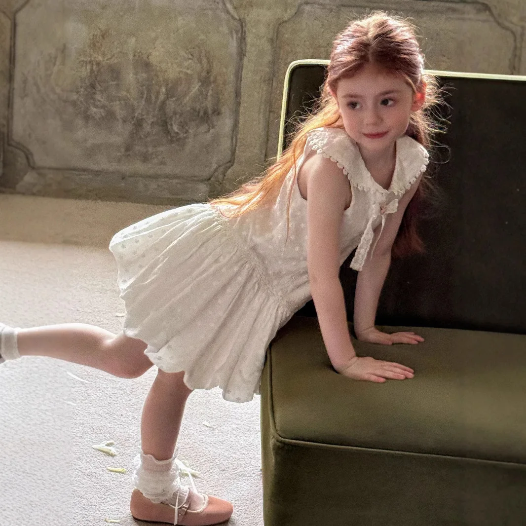 2025 Spring Summer New Children Clothing Korean Girls Bow Fresh Splicing Lace Rope Vest Flower Bud Dress