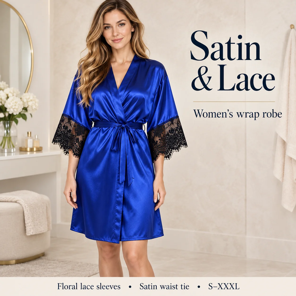 Women's Satin Wrap Robe with Floral Lace Three Quarter Sleeves and Waist Tie, Lightweight Summer Sleepwear S-XXXL