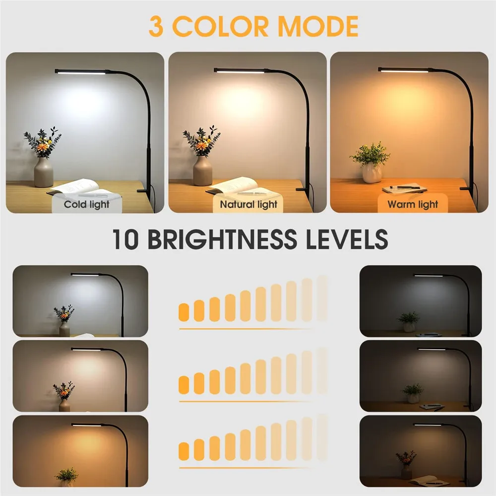 USB  Dimmable Clip On Reading Light 12 Hour Timer Function 10 Brightness Level 3 Lighting Modes Flexible Study Table Lamp