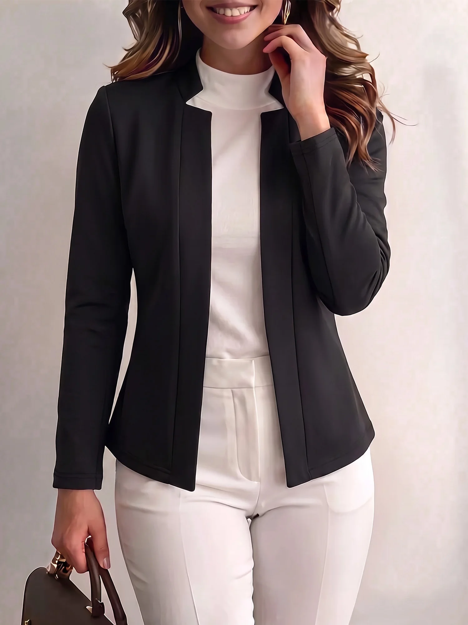 Plain Stand Collar Womens Blazer Long Sleeve Slim Fit No Button Office Jacket Coat Solid Red Open Front Outerwear Top