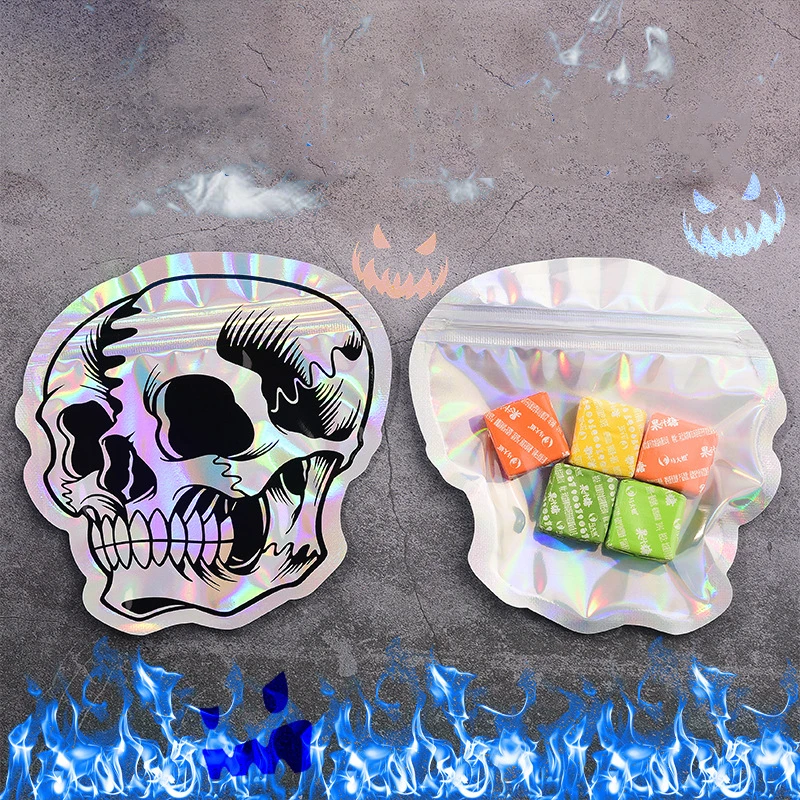 Halloween Skull Candy Packaging Bag, Special-shaped Laser, Party Gift, Self-Sealing Bag,12x12cm,10Pcs