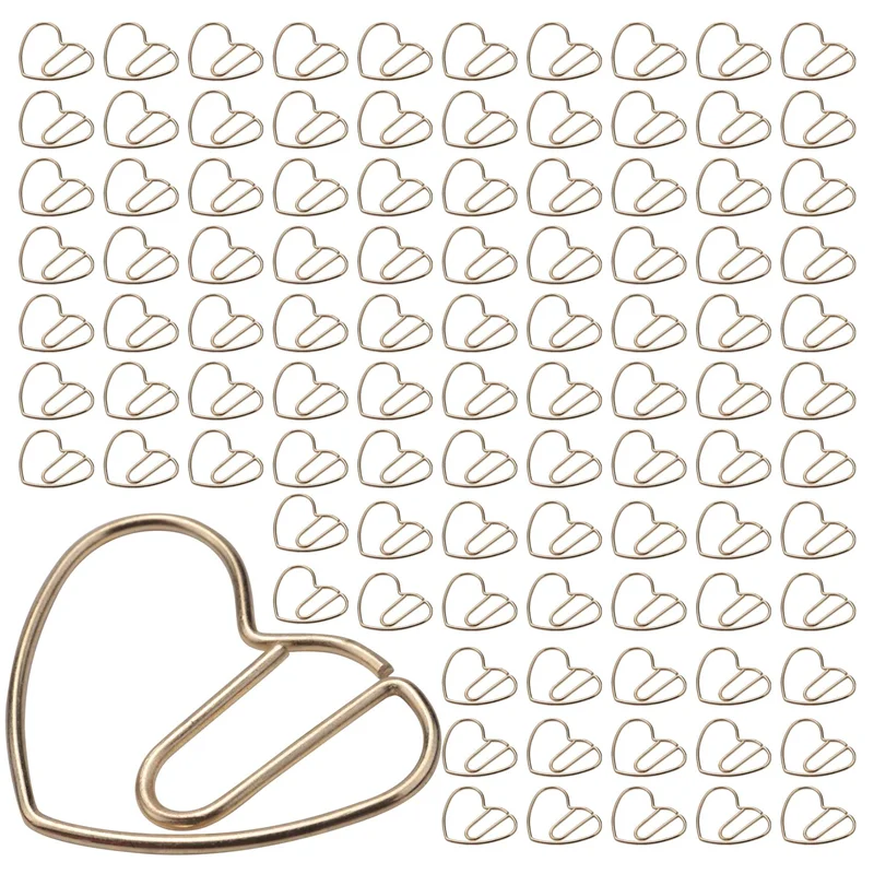 Gfc-100 Pieces Love Heart Shaped Small Paper Clips Bookmark Clips for Office School Home Metal Paper Clips Golden