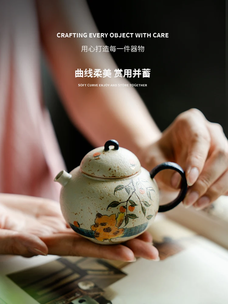 Pure Hand Drawing Orange Tabby Cat Steal Persimmon Teapot Household Ceramic Strainer Single Chinese Set High-End