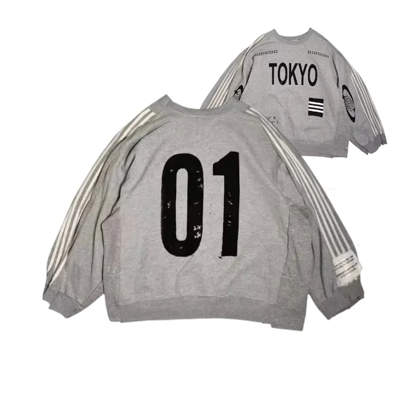 Sudadera con capucha para mujer, cuello redondo gris, Tokyo 01, ajuste holgado, manga larga, detalle a rayas, cómodo, tela suave, Jersey informal minimalista