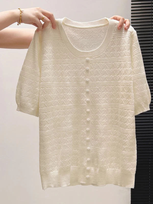 

plus Size Women's Breathable Hollow out Knitwear Casual Versatile Summer Top Fashionable Design round Neck Short Sleeve
