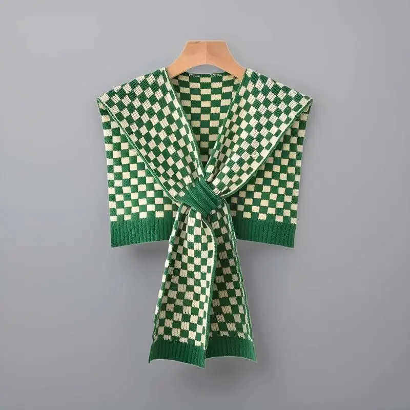 Women Checkerboard Knitted Shawl Wrap Cross Tie Shoulder Warmer Cape For Spring Fall Air Conditioned Room Winter Daily Outerwear