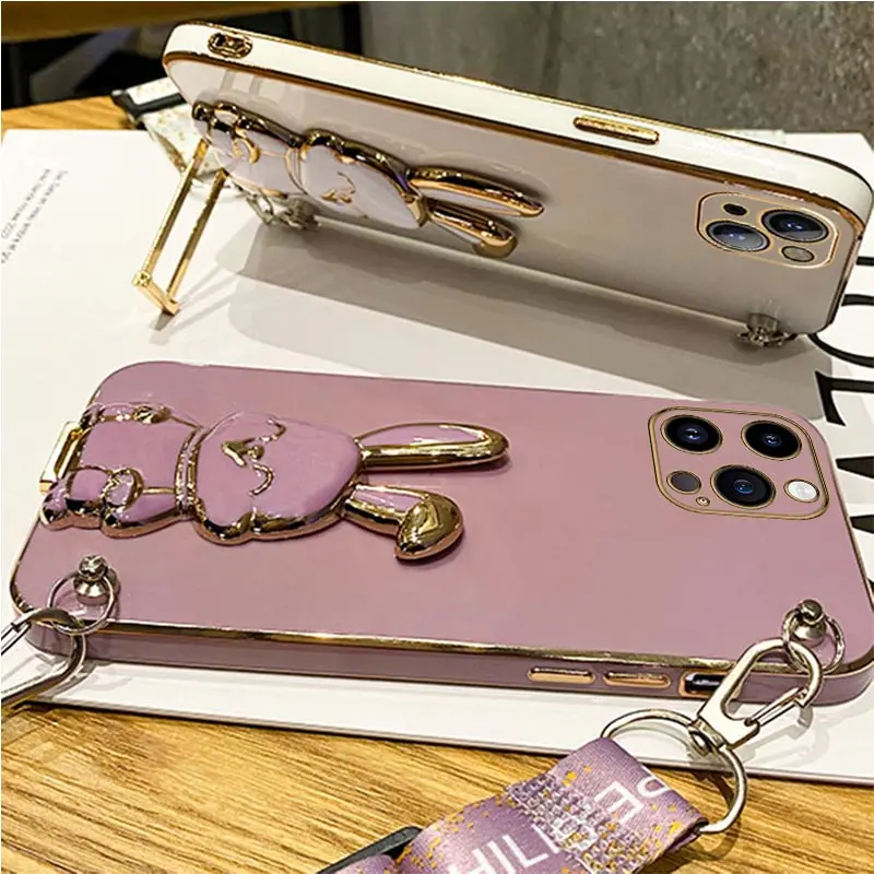 Rabbit Holder Lanyard Phone Case For iPhone 14 15 13 12 11 Pro Max 13Pro 12Pro X XR Xs Max 6 7 8 Plus 15Pro Stand Strap Cover