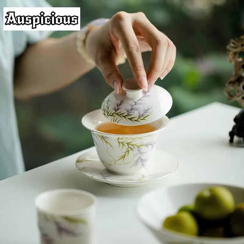 150ml Pure Hand-painted Wisteria Flower Gaiwan Luxury Tracing Silver Tea Tureen Household Tea Maker Cover Bowl Cafes Decoration