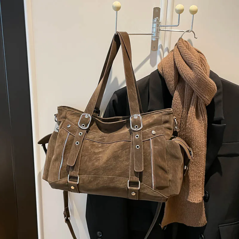 2026 High Quality Motorcycle Style Bags Faux Suede Solid Color Zipper Buckle Casual Tote Large Capacity Texture Shoulder Bag