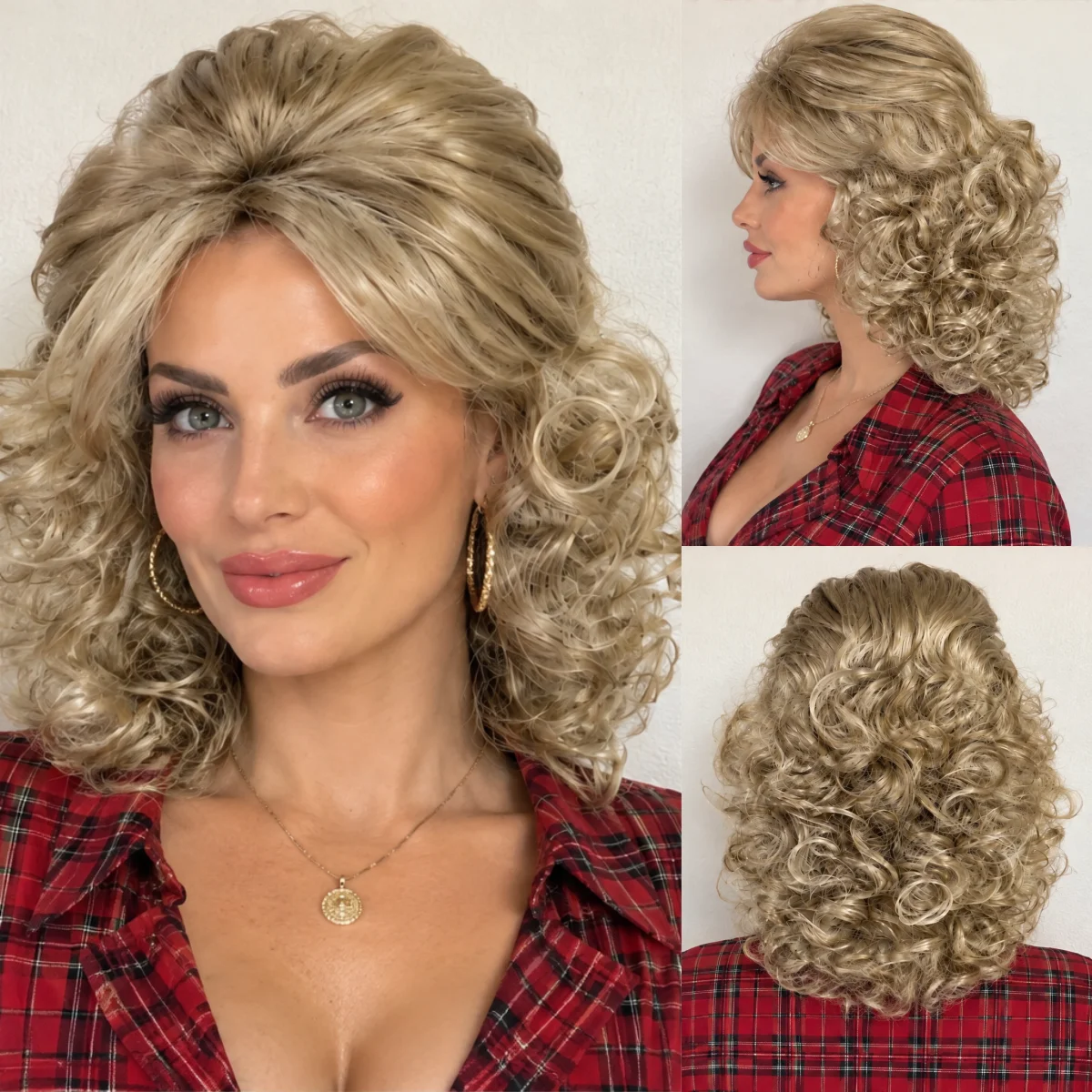 REEWES 16inch Blonde Curly Wig With Bang 60s 80s Bouffant Beehive Style Miss Dolly Halloween Costume Party Wig Synthetic Hair