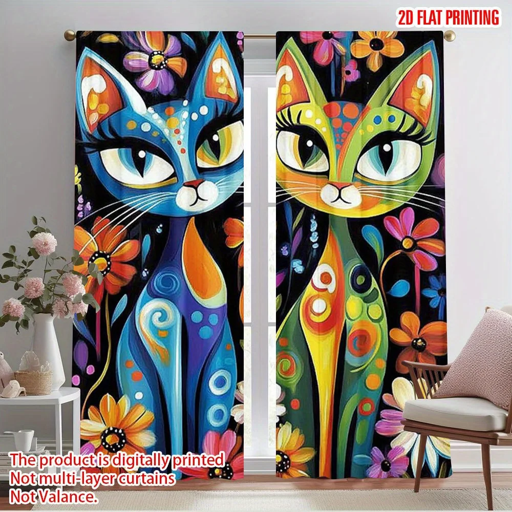 Fantasy cat and flower pattern Print Drapes Room Darkening Window Curtains for Home Decor,Rod Pocket Blackout Curtains Bedroom