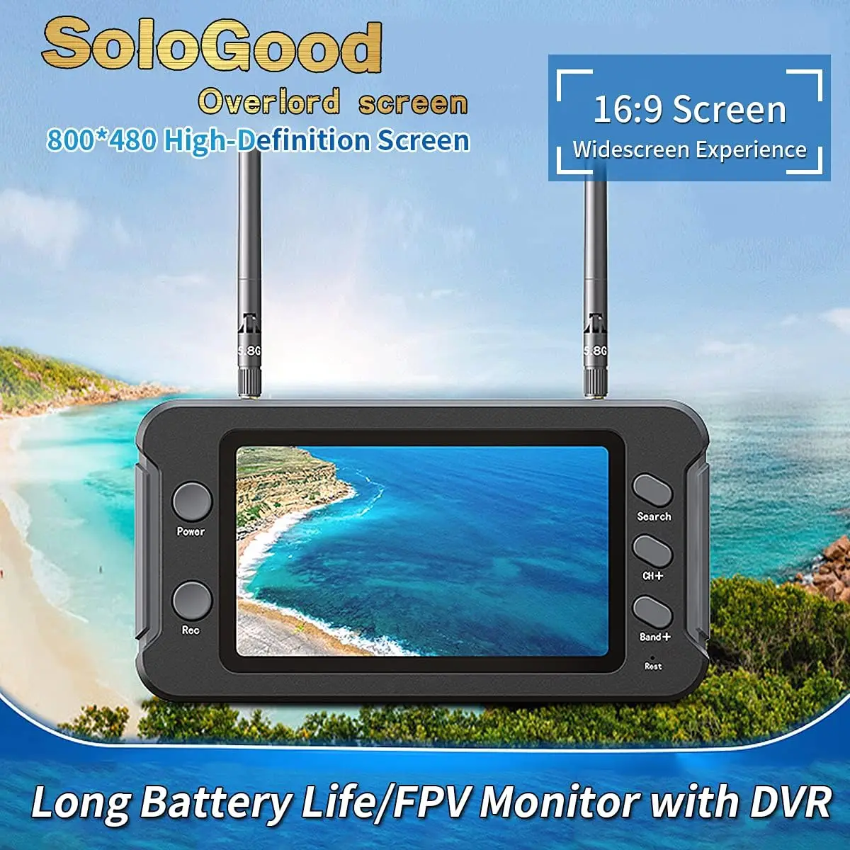 SoloGood DVR 장착 FPV 모니터, NTSC PAL 자동 검색 비디오 녹화 16:9, LCD 디스플레이, 40CH, 4.3 인치, 800*480, 5.8G