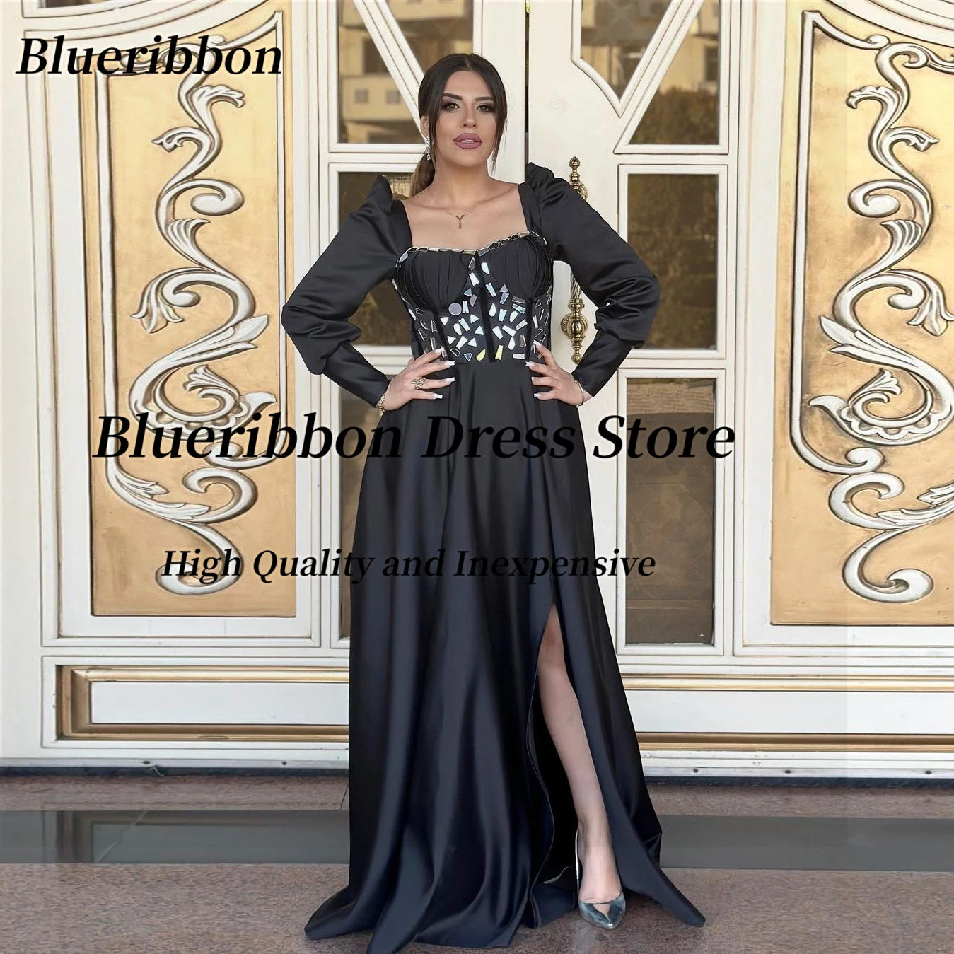 

Blueribbon Black Side Slit Prom Dresses 2024 Crystals Long Sleeves Evening Gowns Plus Size Birthday Party Women Formal Gowns